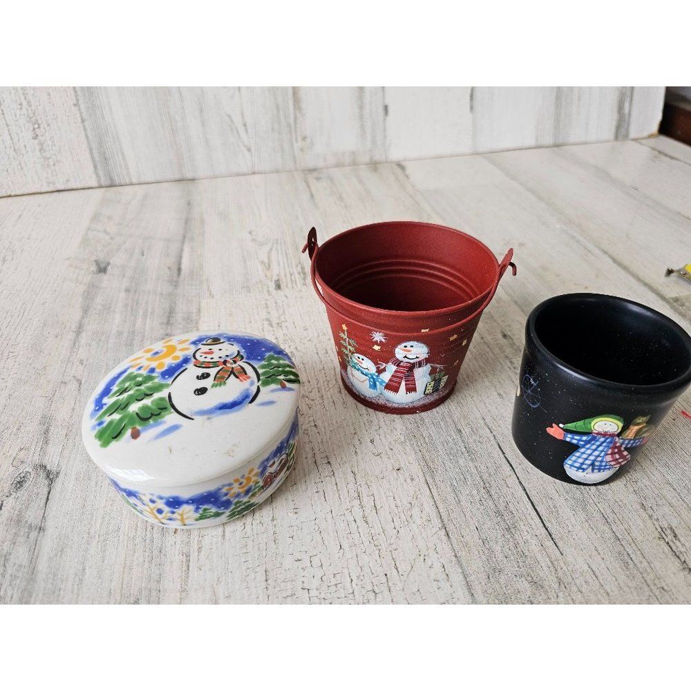 Snowman bucket candle‎ laying trinket jewelry studio Nova Xmas decor home